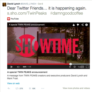 Illustration for article titled Could David Lynch’s Cryptic Tweet About ‘Twin Peaks’ On Showtime Hint At A Possible ‘Twin Peaks’ Revival?